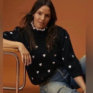 Anthropologie Hearts Mock Neck 3/4 Sleeve Knit Pullover Sweater Black Medium